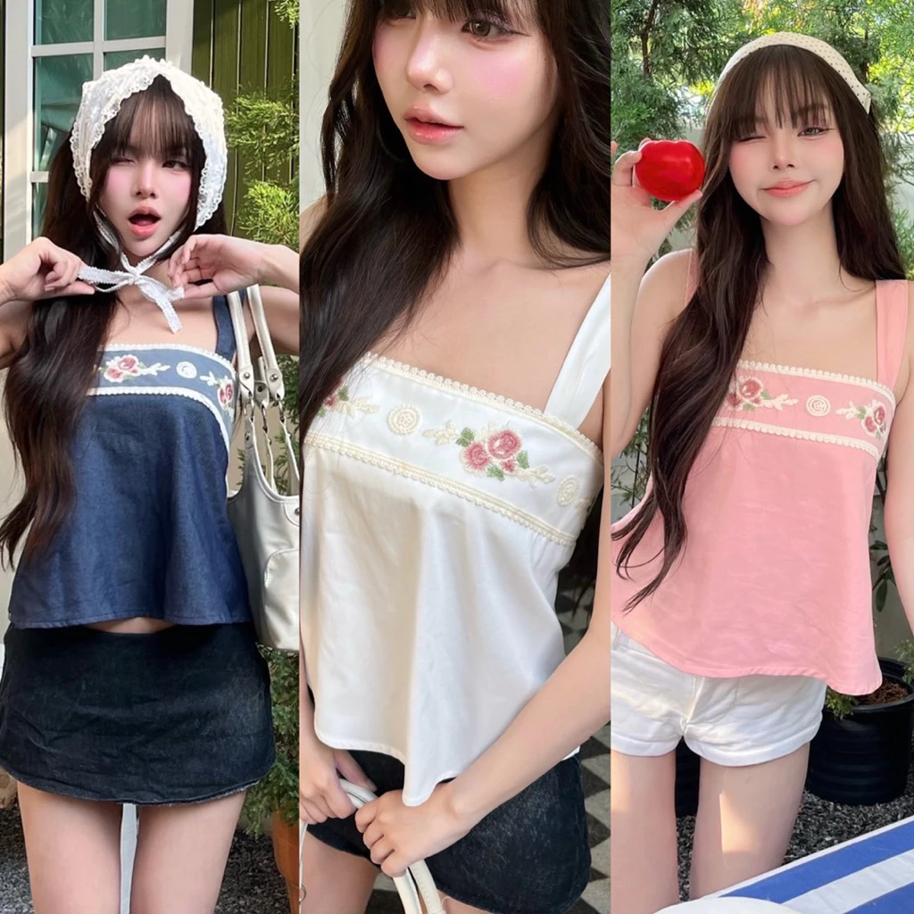 🌟Mamildya.shop🌟 เสื้อสายเดี่ยว แต่งลูกไม้ / M2-4/NUSA-ปักโรส⚫