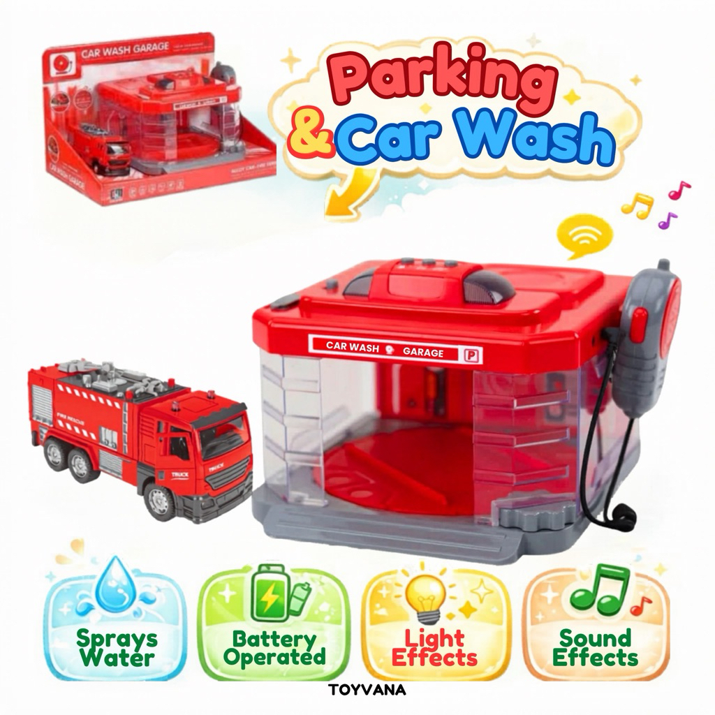 TOYVANA ของเล่น Parking & Car Wash ล้างรถ มีไฟ มีเสียง ฉีดน้ำได้ 2in1 ระบบหมุนล้างรถเหมือนจริง ใช้ถ่าน พร้อมรถ