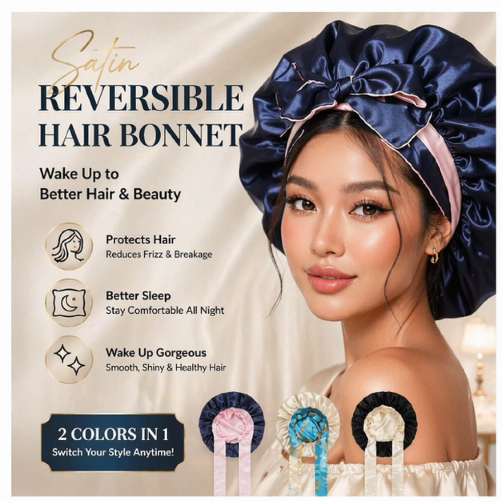 [พร้อมส่ง] หมวกคลุมผมผ้าซาติน 2 ด้าน ปรับสายได้ ลดผมชี้ฟู รักษาทรงผม ถนอมเส้นผม กันผมพันกัน ใส่นอนนุ่มสบาย สไตล์ลูกคุณ