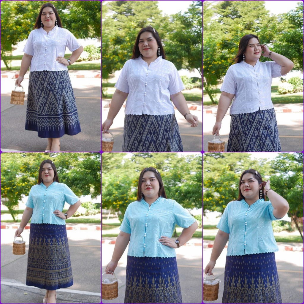 อก 48 52 56 60 นิ้ว เสื้อลุกไม้กระดุมมุกคอจีบระบาย เสื้อลูกไม้คนอวบ-อ้วน เสื้อลูกไม้ออกงาน