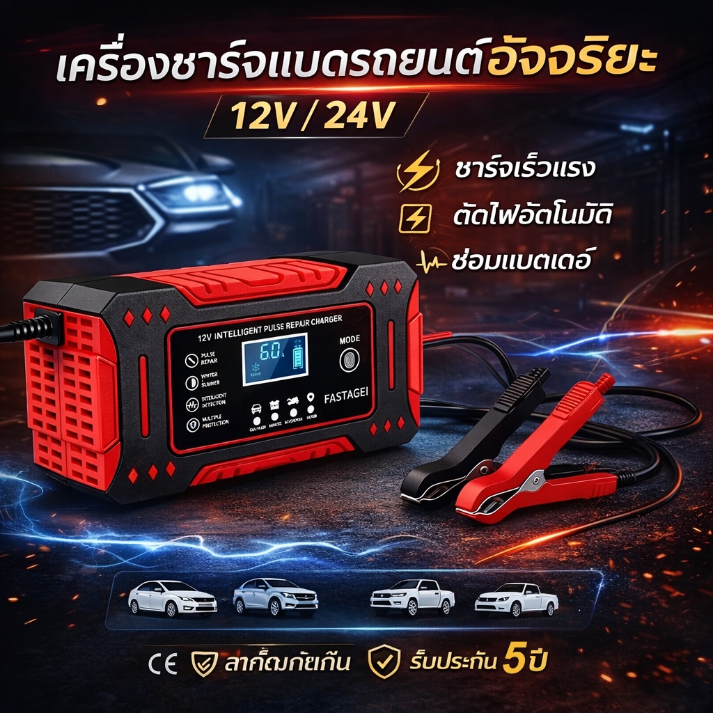 【ส่งด่วน】เครื่องชาร์จแบตรถยนต์อัจฉริยะ 12V/24V ชาร์จเร็ว ซ่อมฟื้นแบต ตัดไฟอัตโนมัติ ป้องกันไฟช็อต ใช้ได้กับรถยนต์/มอไซค์