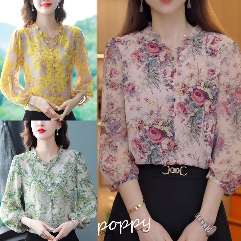 poppy#เสื้อผู้หญิง เสื้อแขนสามส่วนพิมพ์ลาย ผ้าชีฟองทรงหลวม คอกลม มีหลายสีให้เลือก99097