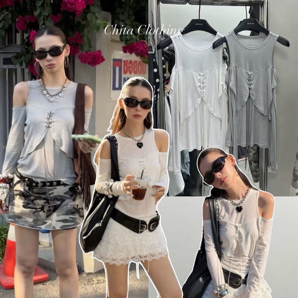 📍Pre📍26T050 su050🇰🇷เสื้อคอกลมแขนยาว แต่งเปิดไฟลื ตรงช่วงอกแต่งร้อยเชือกTag MMfish🇰🇷