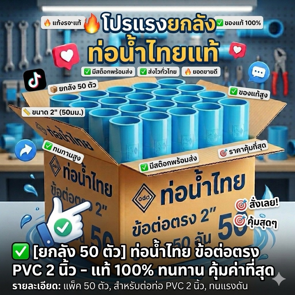 [ยกลัง 50 ตัว] ข้อต่อตรง PVC ท่อน้ำไทย ขนาด 2 นิ้ว ของแท้ 100% เกรดหนา ทนทาน คุ้มค่าที่สุด