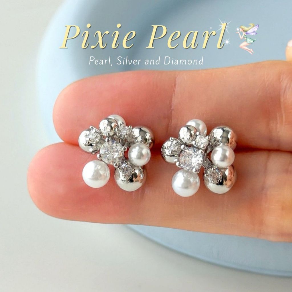 🪞Pixie Pearl ✨ต่างหูมุกและเพชรสีเงิน ลูกคุณหนู ต่างหูสไตล์เกาหลี 🎀 Glamandglow.bkk
