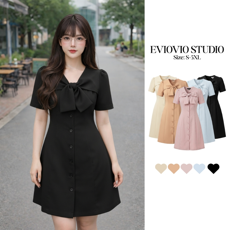 เติมสต๊อกแล้ว❗【EVIOVIO】S-6XL🚚 จัดส่งในไทย เดรสสไตล์มินิมอลผูกโบว์ที่คอ ทรงเอพรางหุ่นได้ดี ชุดไปคาเฟ่ ชุดทำงาน ชุดสาวอวบ💞