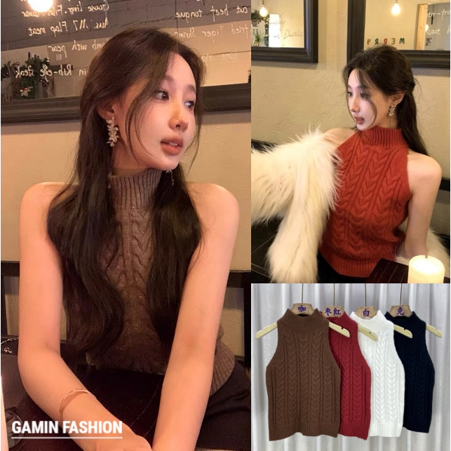 Gamin-0756 เสื้อกล้ามไหมพรม คอเต่า ดีเทลผ้าร่องถักใส่สบาย เสื้อแขนกุด #7698