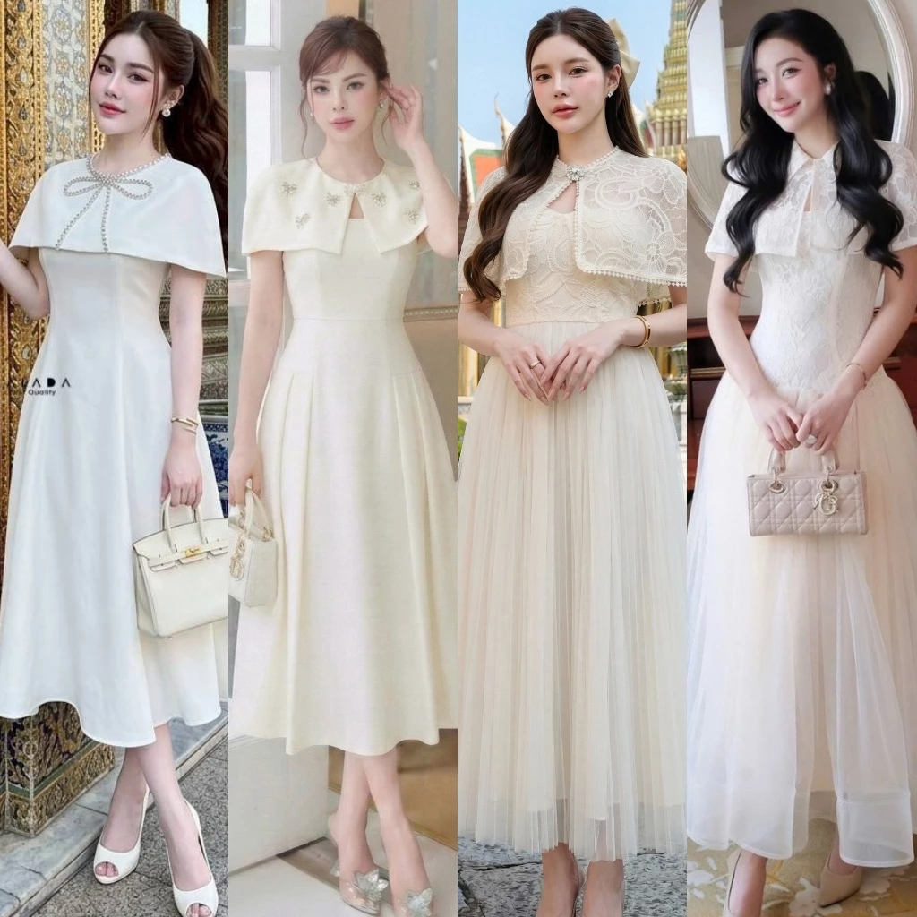 🚩ร้านโค้ดคุ้ม🚩 MILA เดรส + เสื้อคลุมไหล่ แต่งโบว์เพชร ออกงาน งานบุญ งานบวช แฟนนาค กฐิน แฟนนาค