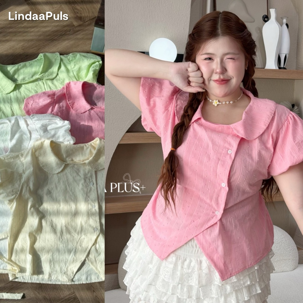 LindaaPlus-- เสื้อคอบัวแต่งกระดุมเฉลียงสาวอวบอ้วน 🌷🍃 ผ้าเจอซี่ฉลุ โทนสีน่ารักมากก ทรงโอเวอร์ไซส์ หน้าผ้า 52 นิ้ว