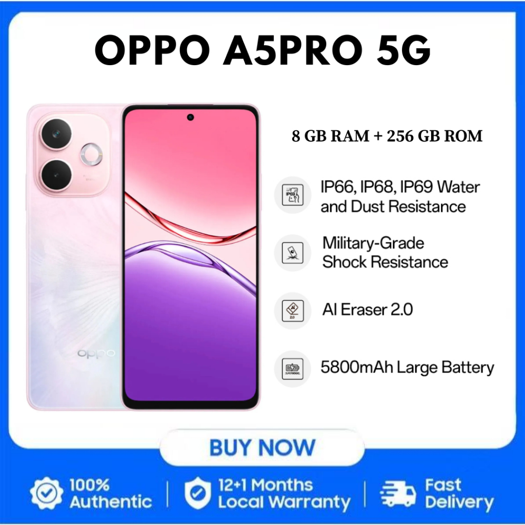 A5 Pro 5G (8+256GB) แบต 5800mAh ใช้งานยาว จอใหญ่ลื่น ดีไซน์สวย เล่นเกมลื่น รองรับทุกแอป