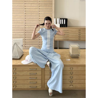 [Trendy striped two-piece set]เกาหลีรุ่นวินเทจผู้หญิงลายเสื้อยืดแขนสั้นและกางเกงลำลองขากว้าง