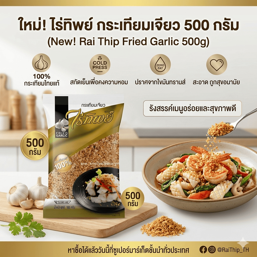 กระเทียมเจียว ตราไร่ทิพย์ (Raitip) ขนาด 500 กรัม กระเทียมแท้ 100% หอม กรอบ สะอาด มาตรฐาน อย.