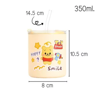 แก้วน้ำลายการ์ตูน 350 ml. มีฝาปิดกันฝุ่น กันหก พร้อมหลอดแก้ว แบบมีกล่องใส่ มอบเป็นของชำร่วย ของขวัญได้ ส่งจากไทย!!!