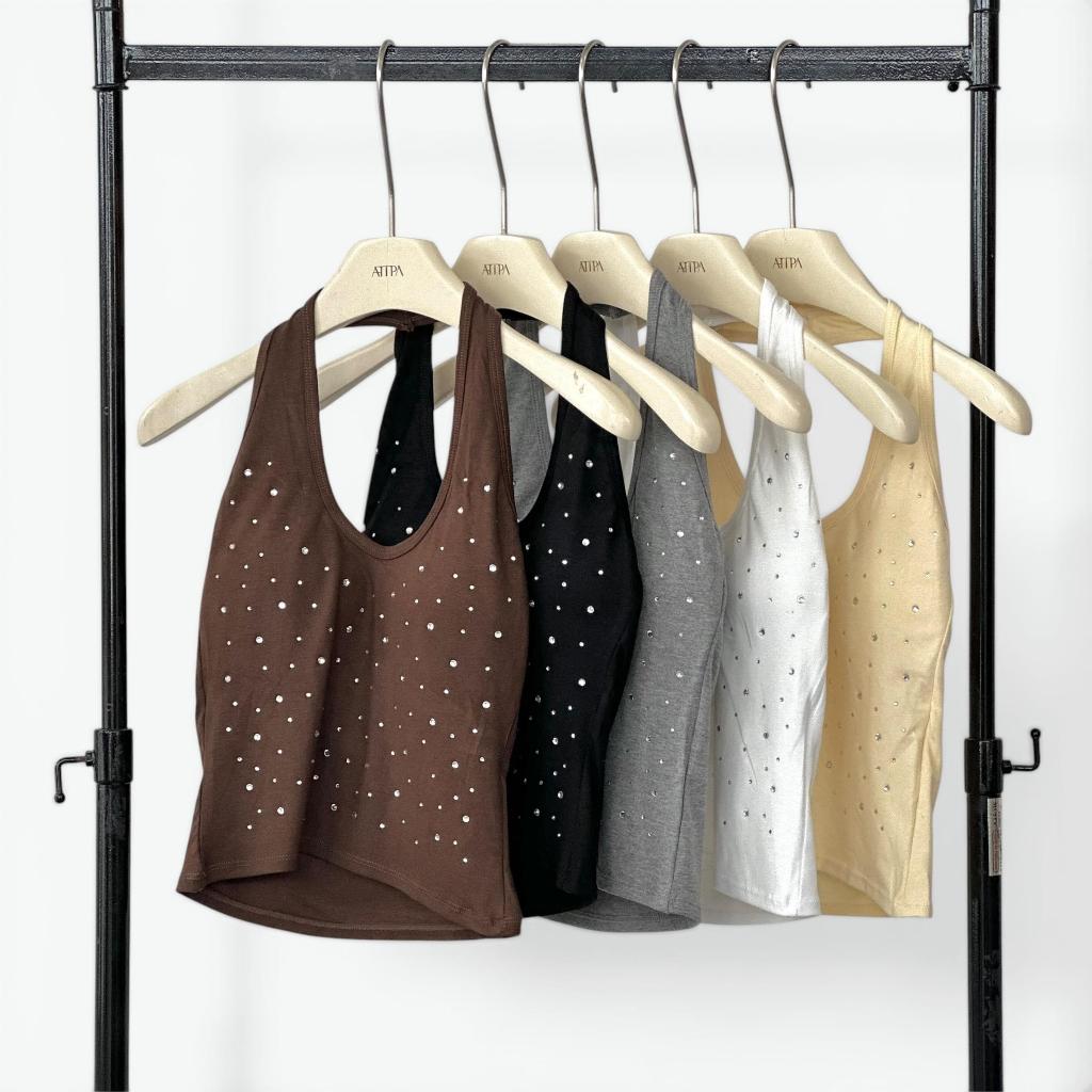 Atipashop - Twinkle Cami Top | เสื้อคล้องคอ ผ้าร่องพรีเมี่ยม นุ่มเด้ง ติดเพชร **เสริมฟองน้ำในตัว**