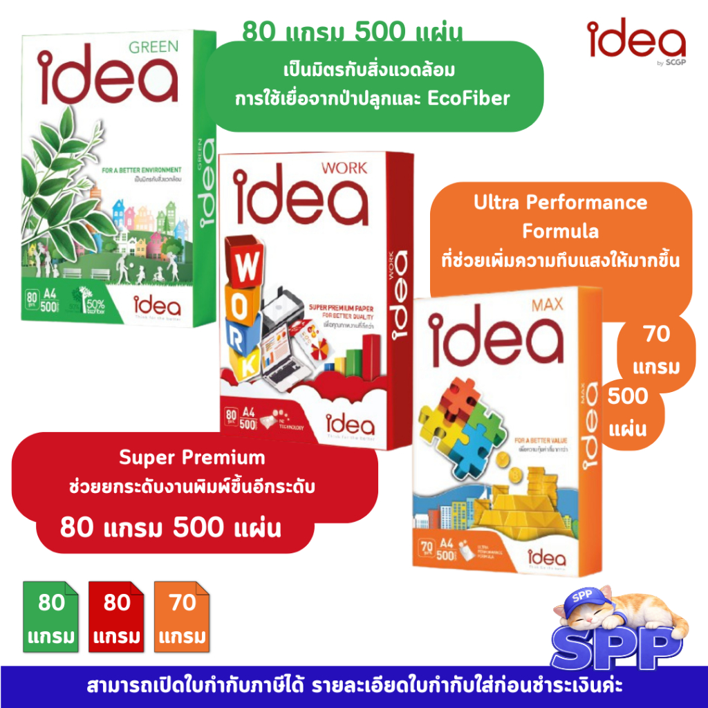 Idea กระดาษถ่ายเอกสาร 70 แกรม และ 80 แกรม Idea Green Idea Max Idea Work A4 1 รีม บรรจุ 500 แผ่น