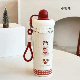 แก้วเก็บความเย็น ความร้อน ลายน่ารัก ความจุ 600ml มีฝาปิดหลอด พร้อมสายห้อยคล้องมือจับถนัดมือ