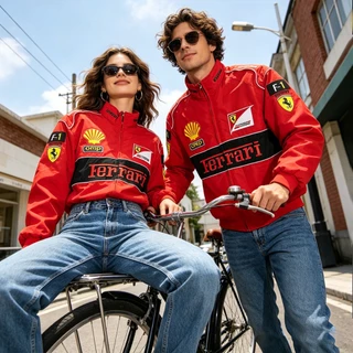 [พร้อมส่ง]Ferrari F1 เสื้อแจ็กเก็ตรถแข่งย้อนยุค เสื้อโค้ทแขนยาวผู้หญิง ปักลายงานสวย ผ้าหนานุ่ม มีซิปใส่ได้ทั้งชายและหญิง