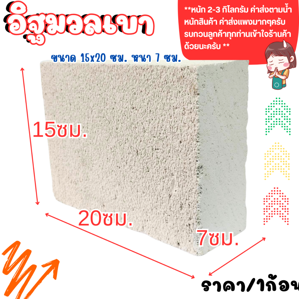 อิฐมวลเบา ขนาด 15x20 ซม. หนา 7 ซม. อิฐปลูกต้นไม้ หิน ปูน อิฐบล็อก อิฐ กันเสียง ซ่อมกำแพง ซ่อมผนัง ปิดรูหนู ลดเสียง BP