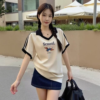 เสื้อปกทรงสเก็ตสวยๆผู้หญิงแฟชั่นมาใหม่ oversize เสื้อผ้าสาวอวบไซส์ใหญ่น่ารัก เสื้อยืดคอวีทรงหลวมสไตล์เกาหลี preppy style