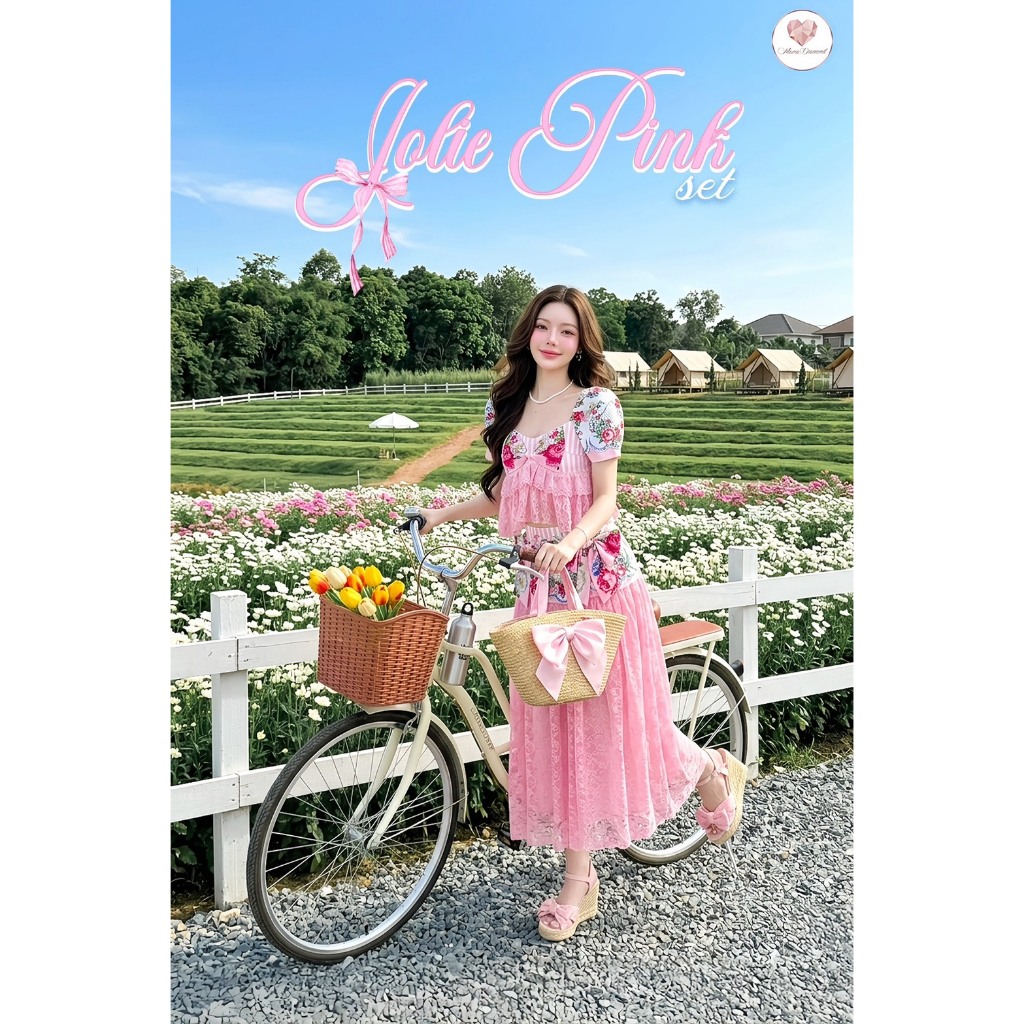 (มี2XL) Jolie Pink Set เซ็ต 2 ชิ้น เสื้อแขนตุ๊กตาไหล่สม็อคตัดต่อผ้าลูกไม้นิ่ม + กระโปรงยาวตัดต่อลูกไม้มีซับใน
