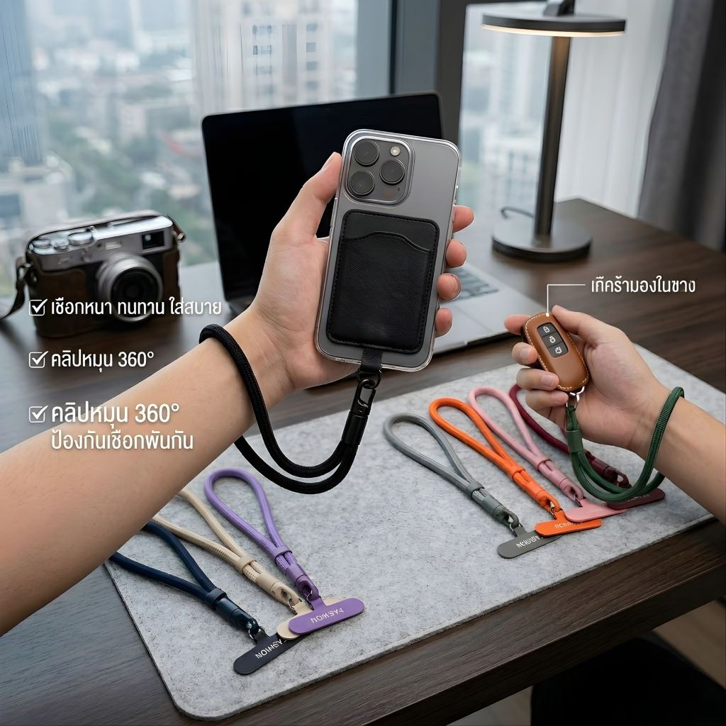 สายคล้องข้อมือ สายคล้องโทรศัพท์ แบบเชือกถักหนา ปรับระดับได้ หมุนได้ 360 องศา พร้อมแผ่นใสพรีเมียม ป้องกันมือถือตกหล่น สำห