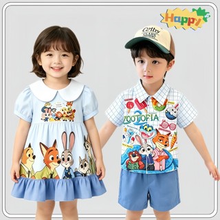 MC253 ชุดเซ็ตเด็กหญิงเด็กชาย ลายการ์ตูนโทนฟ้า เดรสแขนสั้นคอบัว + เสื้อเชิ้ตกางเกงขาสั้น