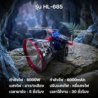 ไฟคาดหัว LED ไฟฉายคาดหัว ไฟเดินป่า หน้าปัดกว้าง10 cm. 8000W สว่างมาก ยี่ห้อ HLX รุ่น HL-684/HL-685