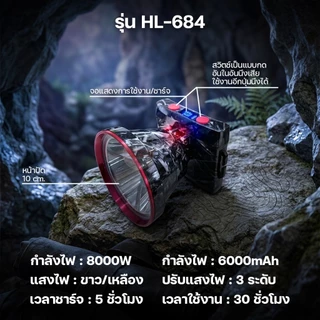 ไฟคาดหัว LED ไฟฉายคาดหัว ไฟเดินป่า หน้าปัดกว้าง10 cm. 8000W สว่างมาก ยี่ห้อ HLX รุ่น HL-684/HL-685