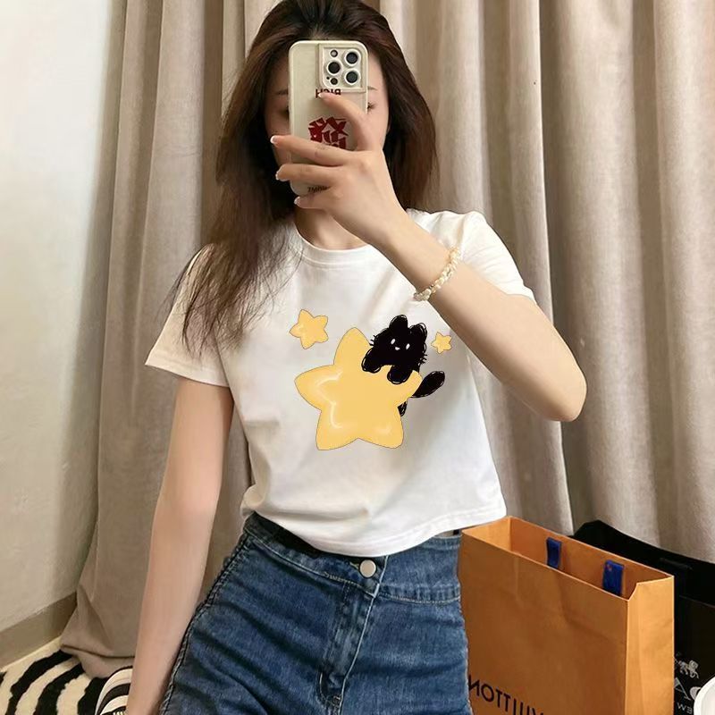 เสื้อยืดเอวลอย ลายดาว ผ้าใส่สบาย E8020