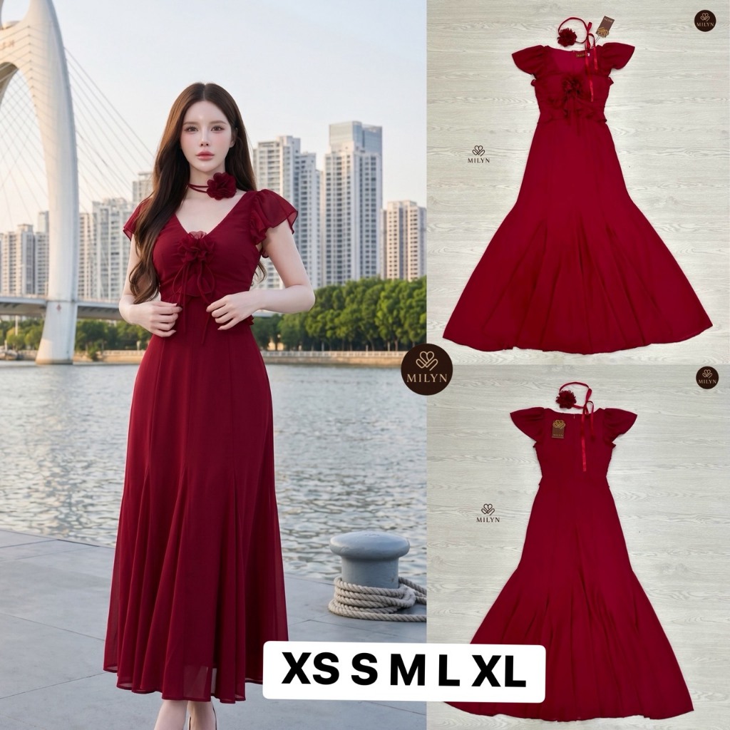MILYN   เดรสยาวความโดดเด่น-สีแดง