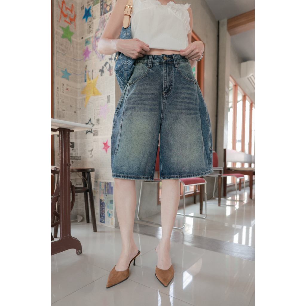Barrel Short กางเกงยีนส์ทรงโค้งขา3 ส่วน สวยคลาสสิคใส่ง่าย แต่งตะเข็บโค้งด้านข้าง Tag Danim ราคา ถูกที่สุด ดีลบีเคเค แกลเลอรีภาพที่ 5