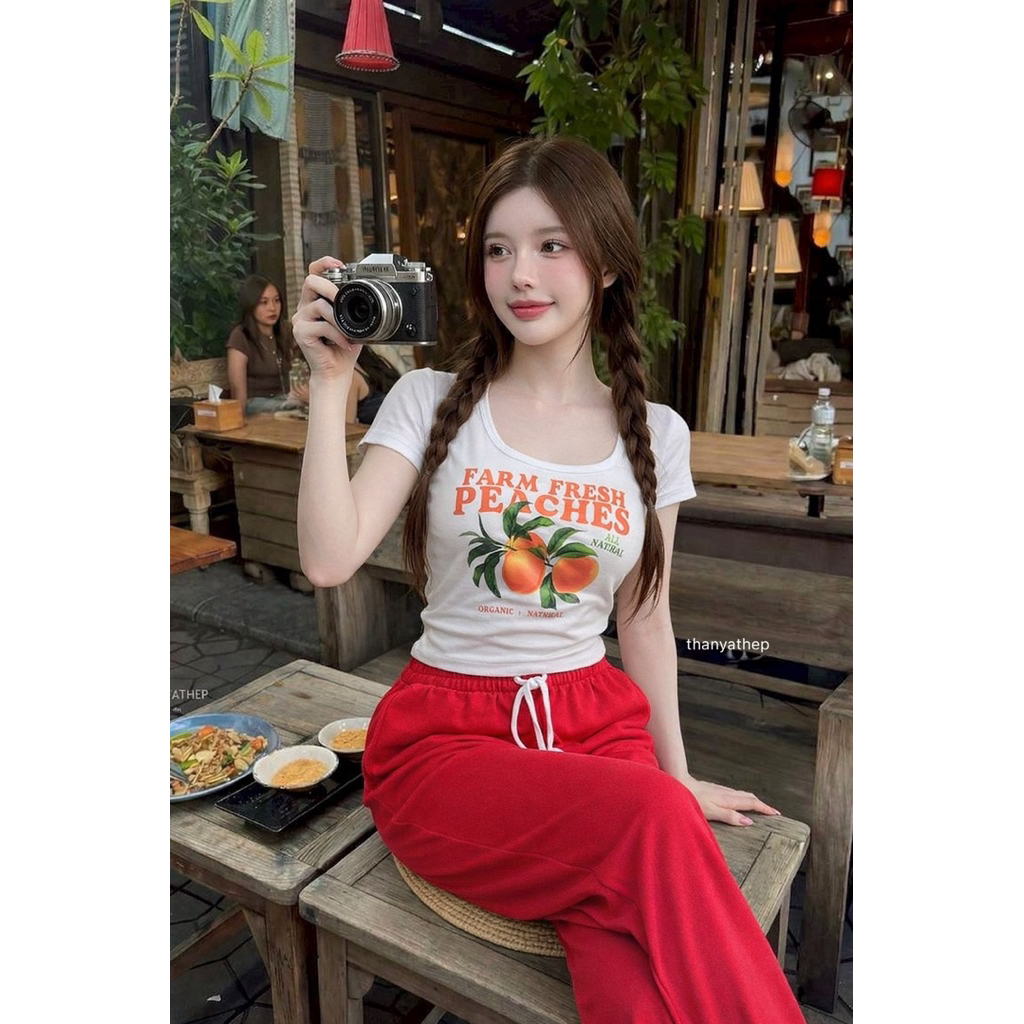 #Thanyathep TYT เซท2ชิ้น เสื้อยืดคอยูลายซัมเมอร์ส มาพร้อมกางเกง ขายาว ปังมาก
