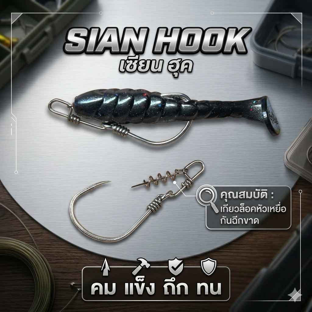 ตะขอเบ็ดรุ่น Sian Hook งานปลาช่อน คุณภาพสูง สำหรับเหยื่อยางขนาดมาตรฐาน 6.5cm. ถึง 7.5cm