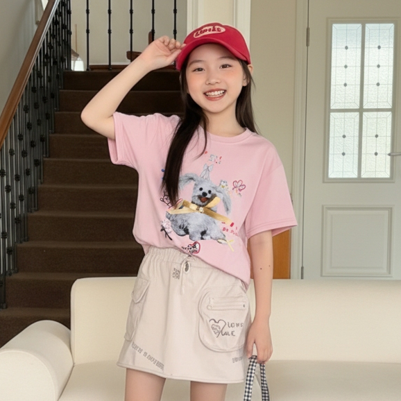 2-11ปี เสื้อยืดเด็กผู้หญิง ลายลูกสุนัขน่ารัก คอกลม แขนสั้นเสื้อยืด คุณภาพดี แฟชั่นฤดูร้อน านุ่มใสสบายฯ