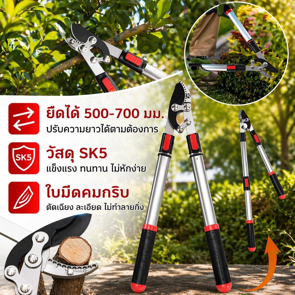 กรรไกรตัดกิ่งไม้สูง กรรไกรตัดแต่งกิ่งไม้ด้ามยาว ปรับความยาวได้ 51-72 ซม ใบมีด SK5 แข็งแรง คมทน ตัดกิ่งไม้สูงและพุ่มไม้ – โปรปัง