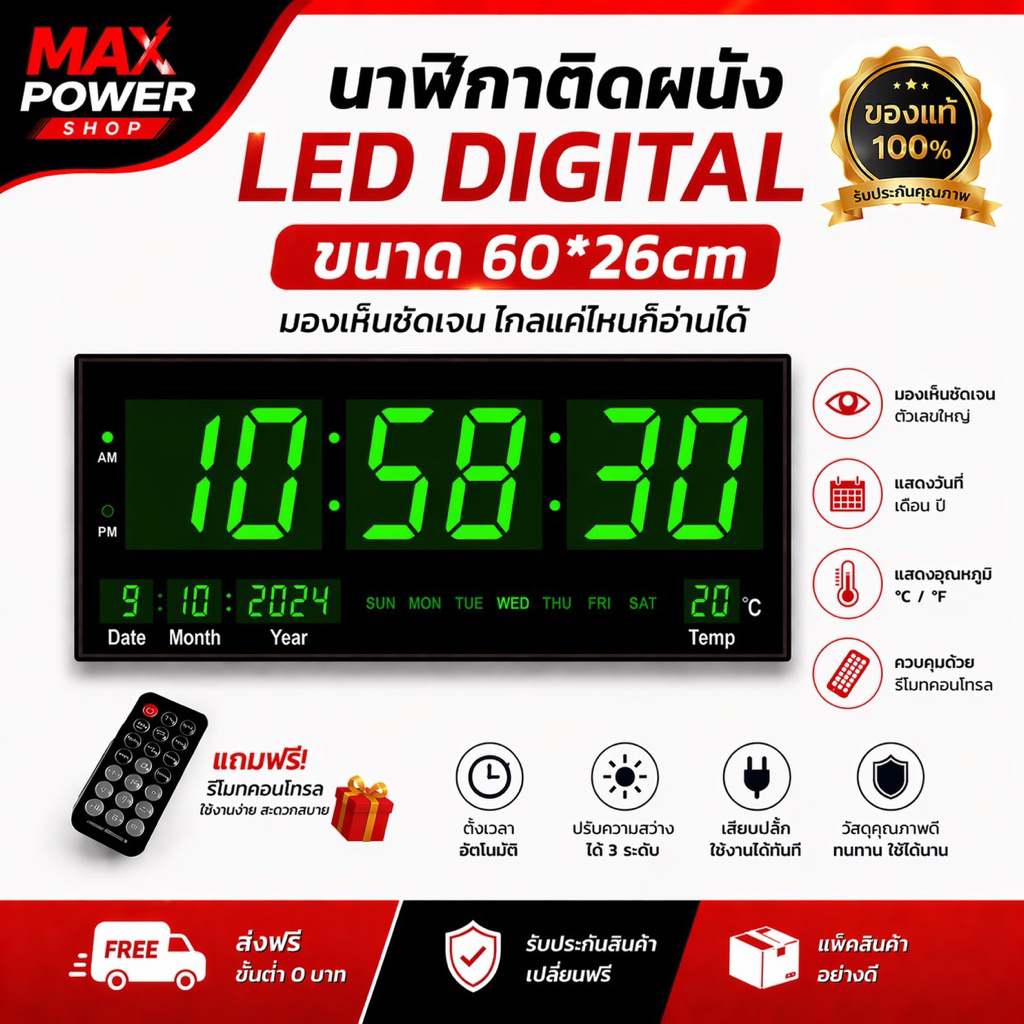นาฬิกาดิจิตอลLED แขวนติดผนัง 60*26CM. รุ่น JH-6046พร้อมรีโมท ตัวเลขสีเขียว