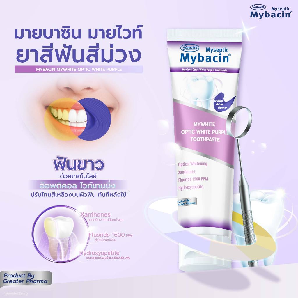 ยาสีฟัน Mybacin มายไวท์ เพื่อฟันขาว และ ฟันแข็งแรง ด้วยเทคโนโลยี อ๊อพติคอล ไวท์เทนนิ่ง ฟลูออไลน์ 1,500 PPM