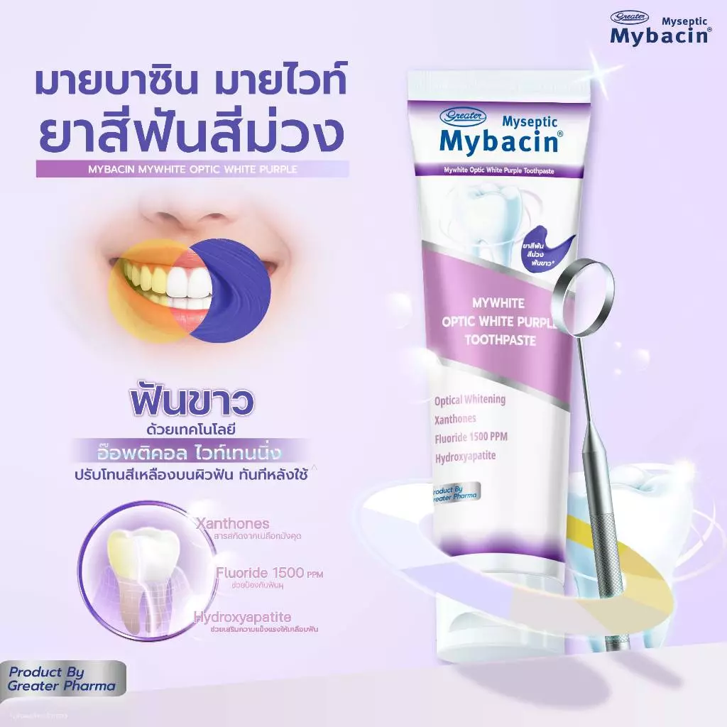 ยาสีฟัน Mybacin มายไวท์ เพื่อฟันขาว และ ฟันแข็งแรง ด้วยเทคโนโลยี อ๊อพติคอล ไวท์เทนนิ่ง ฟลูออไลน์ 1,500 PPM