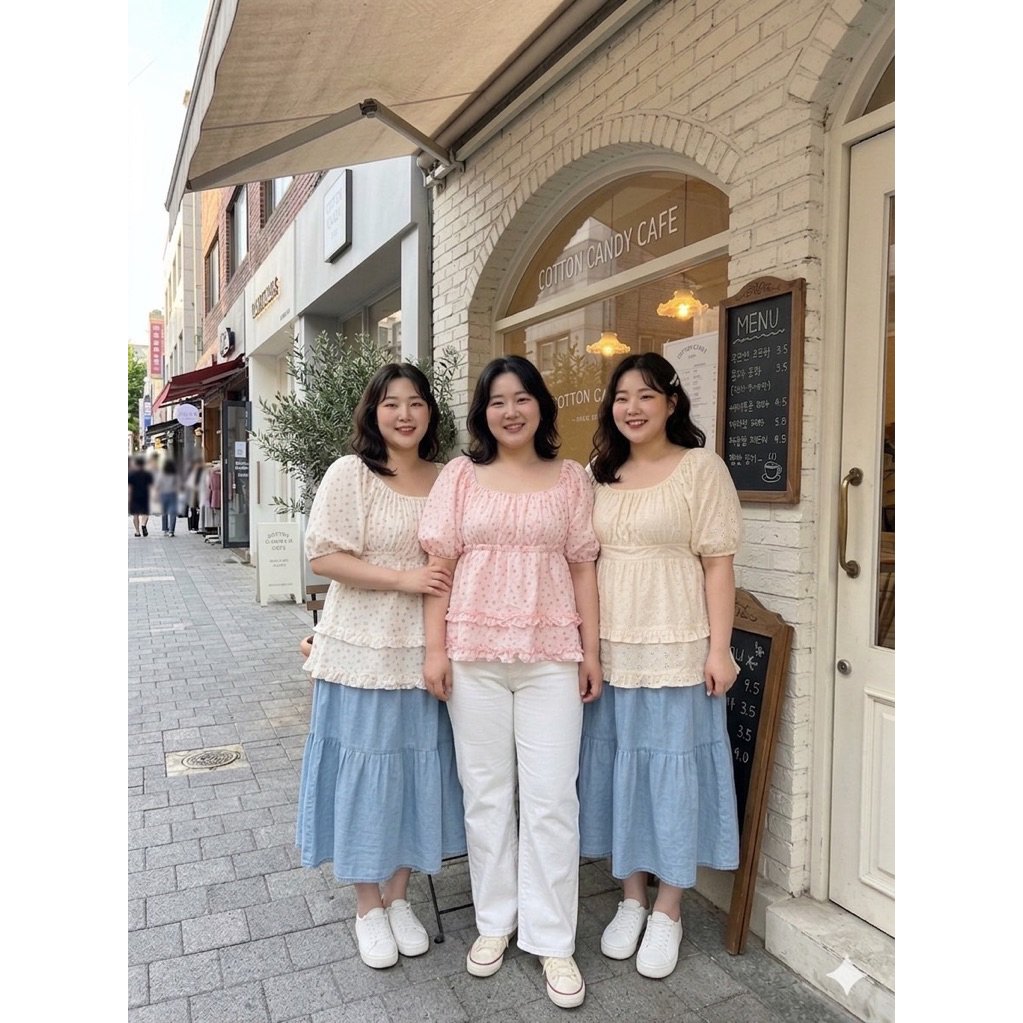 BN714.เสื้อสาวอวบแขนตุ๊กตาผ้าปักฉลุ รุ่นชายระบาย อก48“
