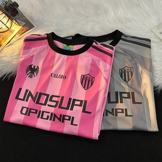 สไตล์อเมริกันวินเทจผู้หญิงลายแขนสั้นพอดีหลวมเสื้อยืด ความเก๋ของเสื้อบอล เสื้อกีฬาลำลอง เสื้อบอลตาข่าย