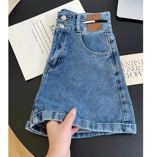 S~5XL A-line straight shorts Blue Black กางเกงขาสั้นเอวสูงดีไซน์กระดุมสองแถวสีน้ำเงินสุดเก๋ กางเกงยีนส์ขาสั้นทรงหลวม HOT