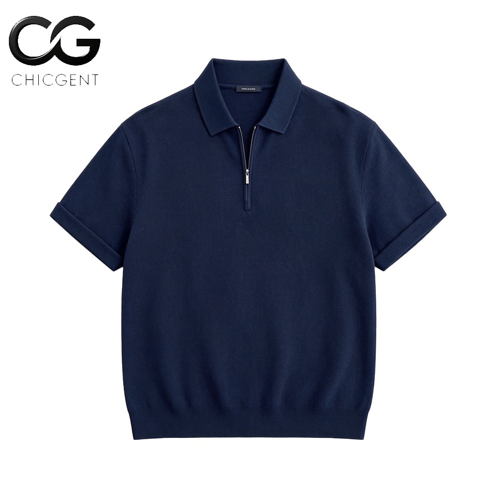CHICGENT COD เสื้อโปโลแขนสั้น ผ้าถัก ซิป ปกเสื้อสีพื้น แขนสั้น สปอร์ต ลำลอง ฤดูร้อน