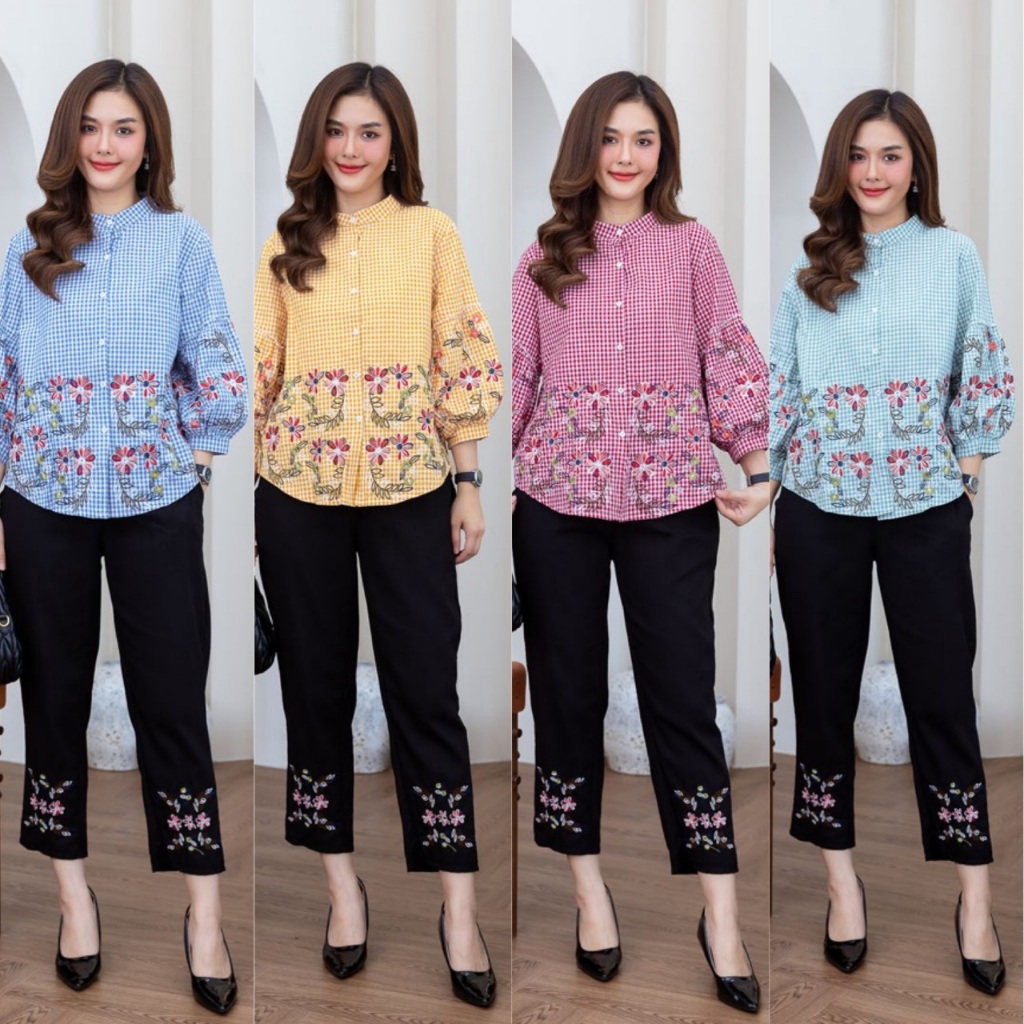 Cutie minute NS2172  ชุดเซ็ทผ้าลินินฝ้ายเกรดพรีเมี่ยม เนื้อผ้าขึ้นลาย ผ้าลายสก๊อตสุดฮิต