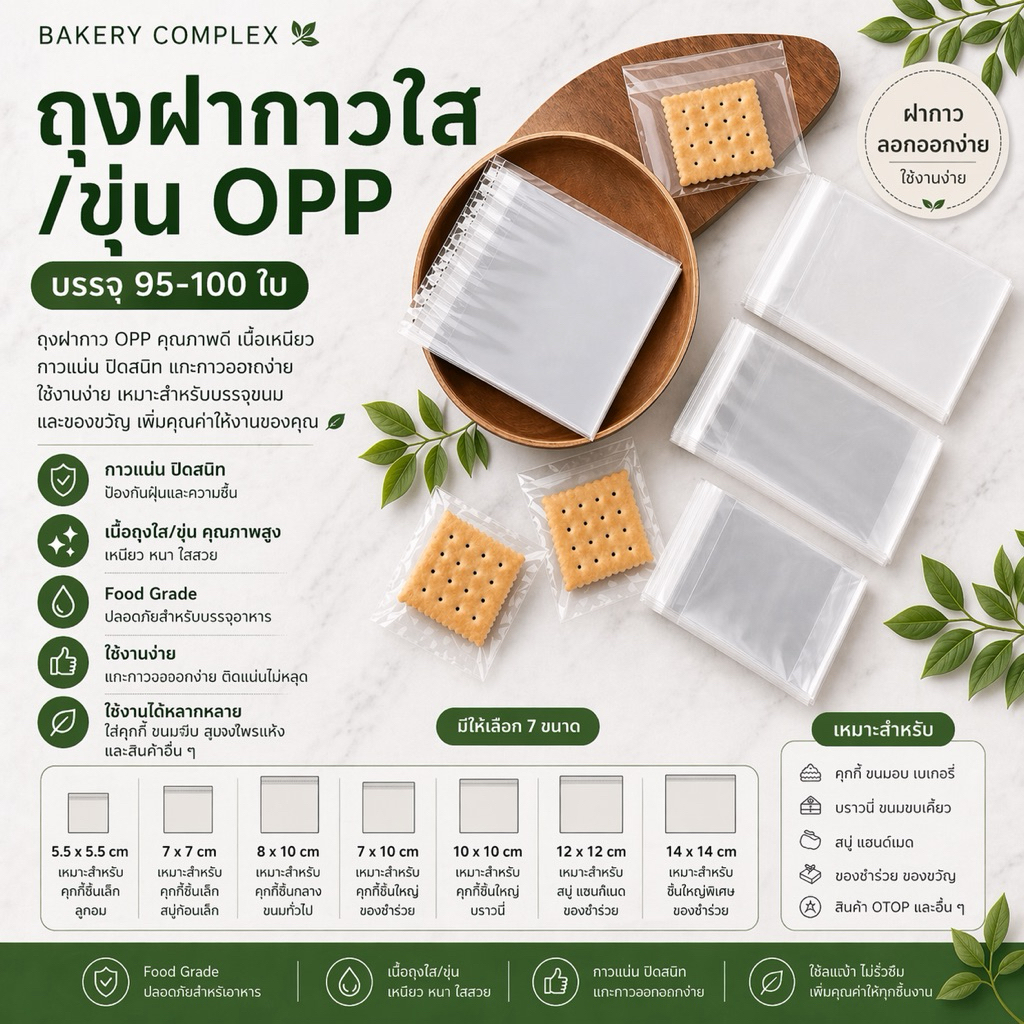 🔥ส่งฟรี ส่งทุกวัน🔥 ถุงฝากาว OPP (95-100 ใบ/แพ็ค) ใส่คุกกี้ มี 2 แบบ ใส/ขุ่น ถุงบราวนี่