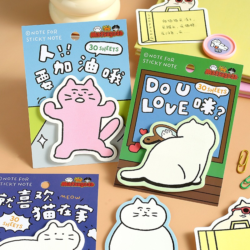 ร้านไทย พร้อมส่ง! STICKY NOTE กระดาษโน้ต มีกาวด้านบน กระดาษโน๊ตลายแมว กระดาษช้อตโน้ต