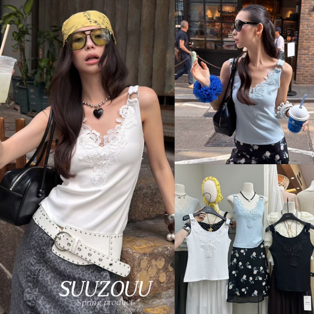 🧵🧡 🇰🇷 SU190 เสื้อกล้ามผ้าร่อง เนื้อนิ่ม แต่งงานปักลูกไม้ลายดอกไม้ช่วงคอสายเสื้อแต่ง แฟชั่นเกาหลี TAG MM Fish ✈