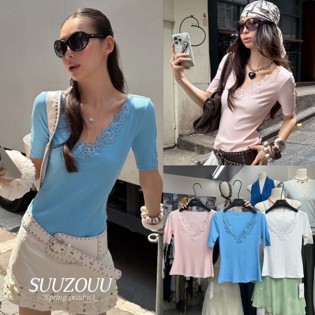 SU193 เสื้อแขนสั้นคอวี ผ้าร่องเนื้อนิ่ม ช่วงคอและแขนแต่งงานผ้าลูกไม้ลายดอกไม้ แฟชั่นเกาหลี TAG MM Fish