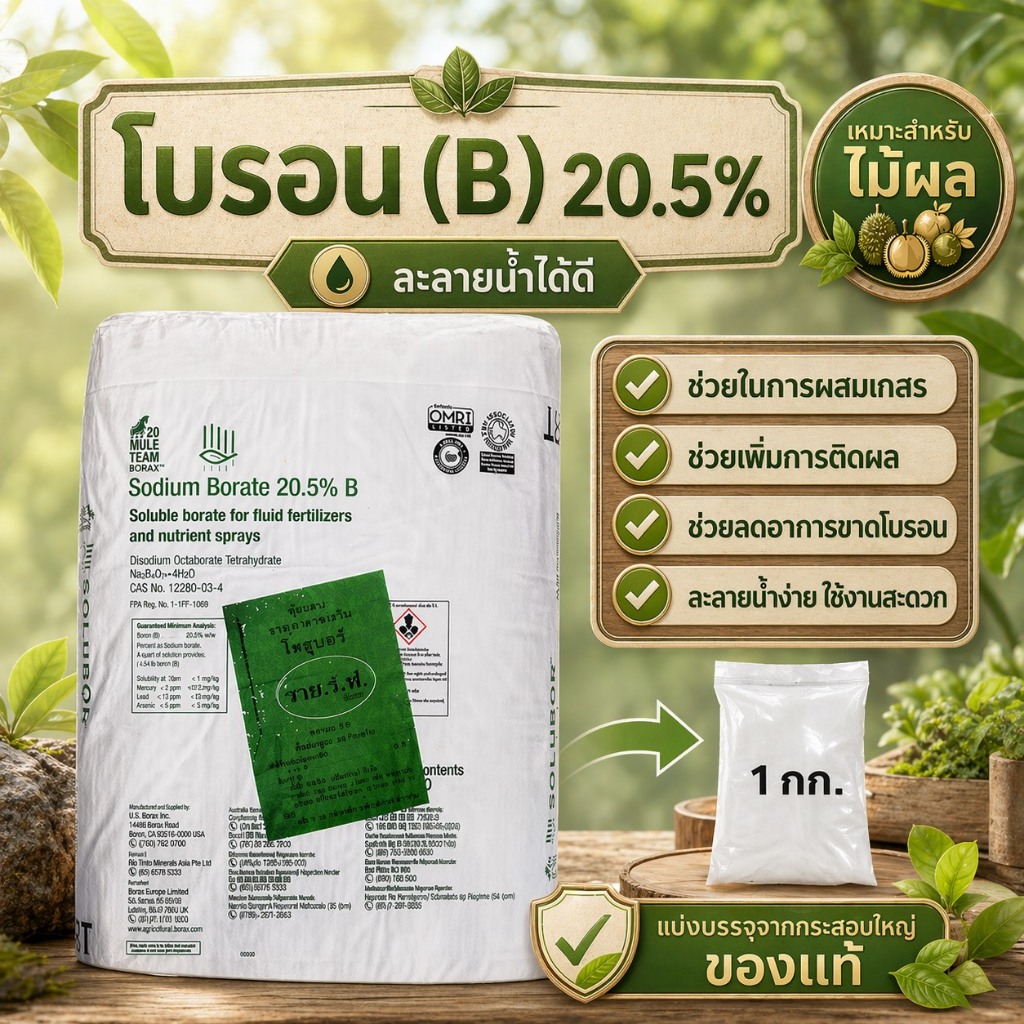 โบรอน 20.5% สำหรับไม้ผล พืชทุกชนิด ละลายน้ำง่าย ไม่มีตะกอน น้ำหนักสุทธิ 1 กิโลกรัม