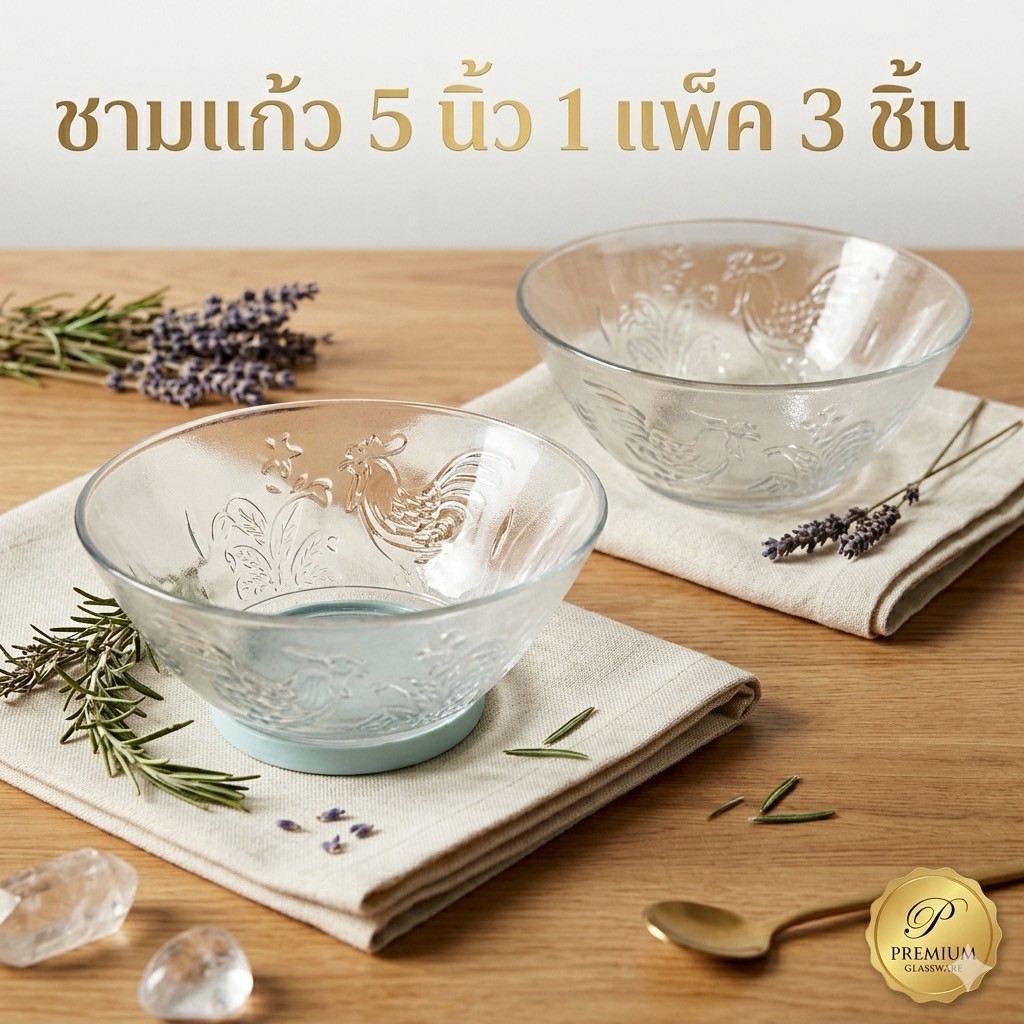 🥣 ชามแก้วใส ขนาด 5 นิ้ว (แพ็ค 3 ใบ) – เนื้อหนา ดีไซน์สวย เข้าได้กับทุกโต๊ะอาหาร