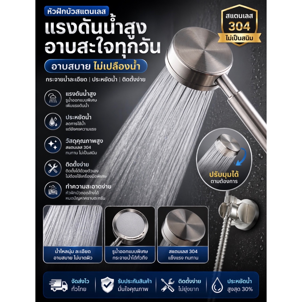 ฝักบัวอาบน้ำ ฝักบัวมาใหม่ ฝักบัวแรงดันสูง สแตนเลสSU304 ไม่ขึ้นสนิม ประหยัดน้ำได้ น้ำแรงและนุ่ม